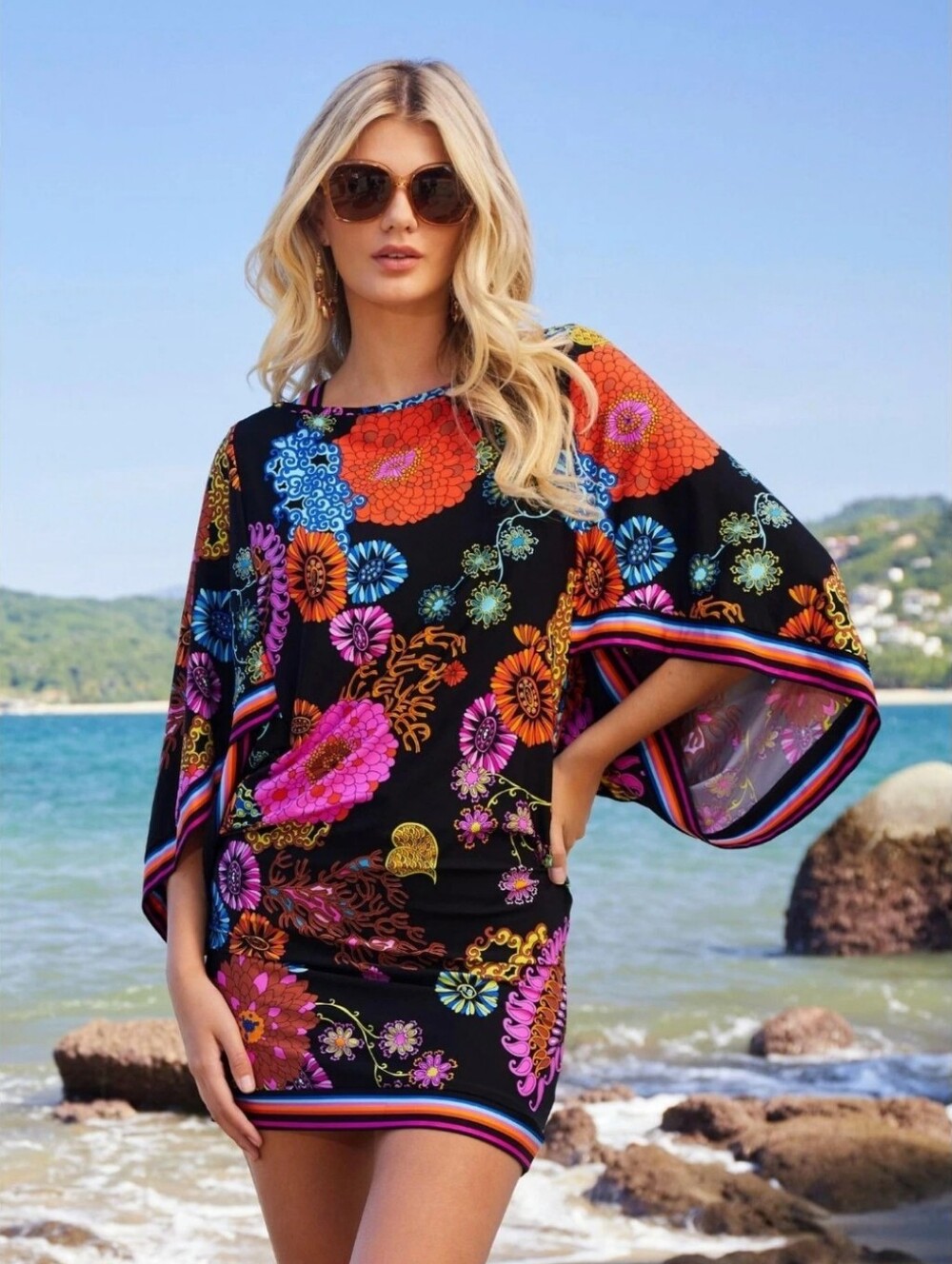 Trina Turk Electric Reef Stretch Swimsuit Cover Up Tunic Dress XS
